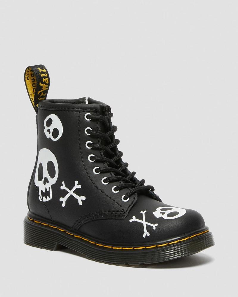 Botas con Cordones Dr Martens Toddler 1460 Skull & Bones Cuero Niños Negros Blancos | MX 120VRW